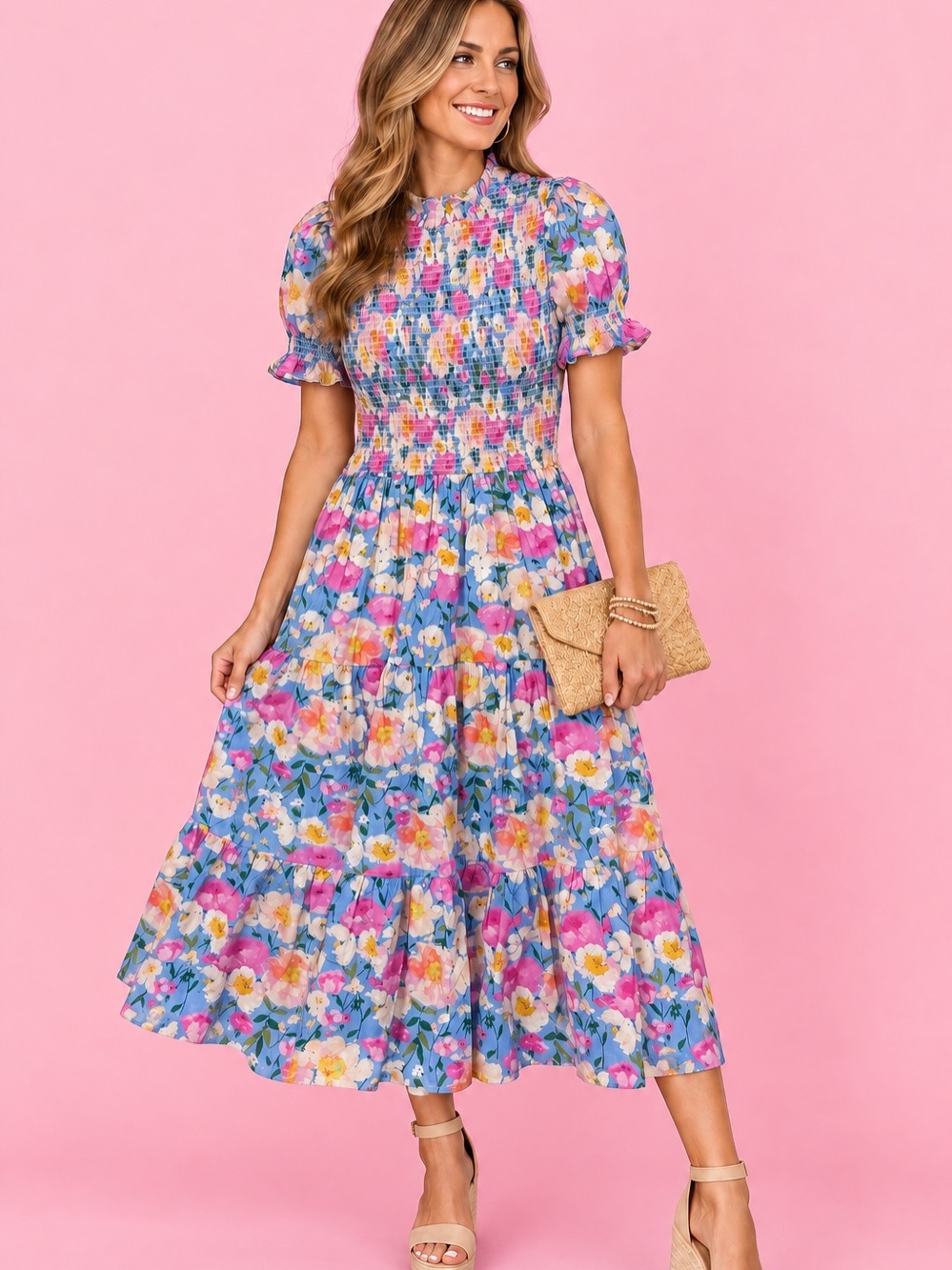 🌸 NWT Ivy City Co Teagan Dress Delia Blue Floral Smocked Large